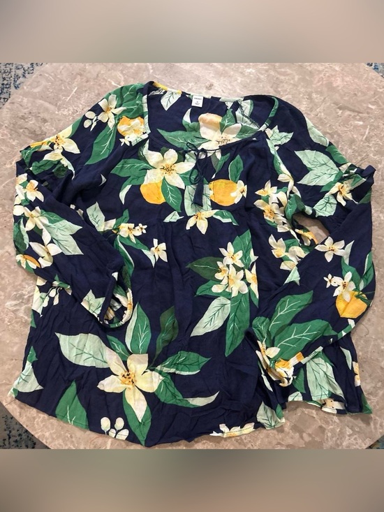 Old Navy Tops - Old Navy Navy Blue Floral Peasant Blouse with Green Leaves and Yellow Accents